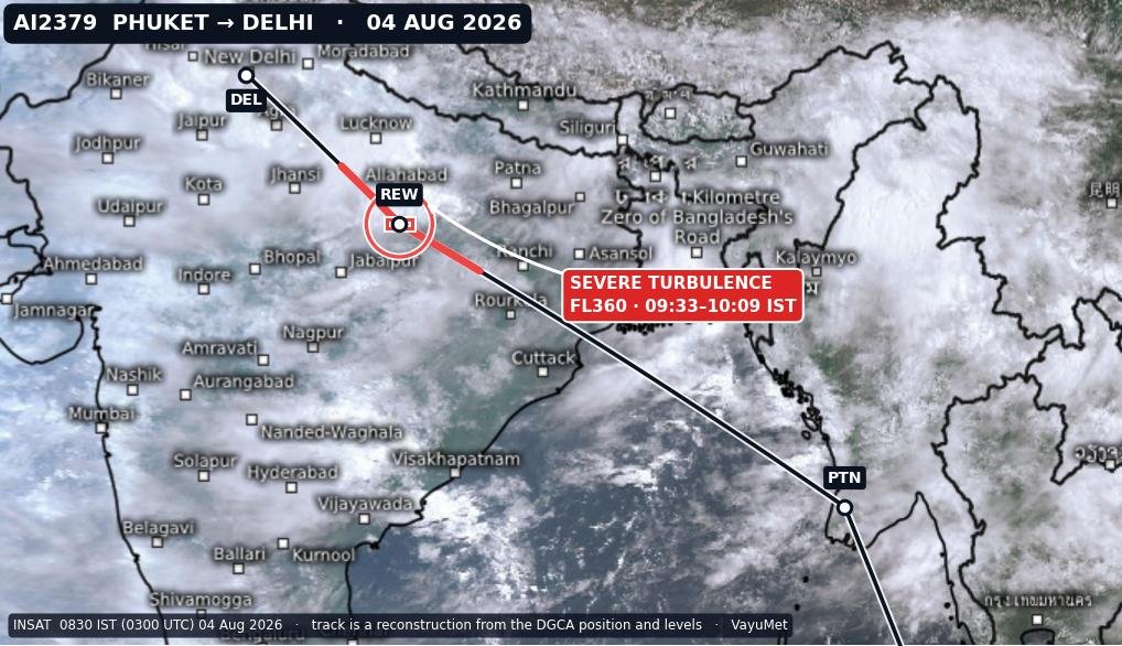 INSAT satellite image at 08:30 IST on 4 August 2026 with the reconstructed AI2379 flight track from Phuket to Delhi and the DGCA-reported severe turbulence area north of Rewa marked in red