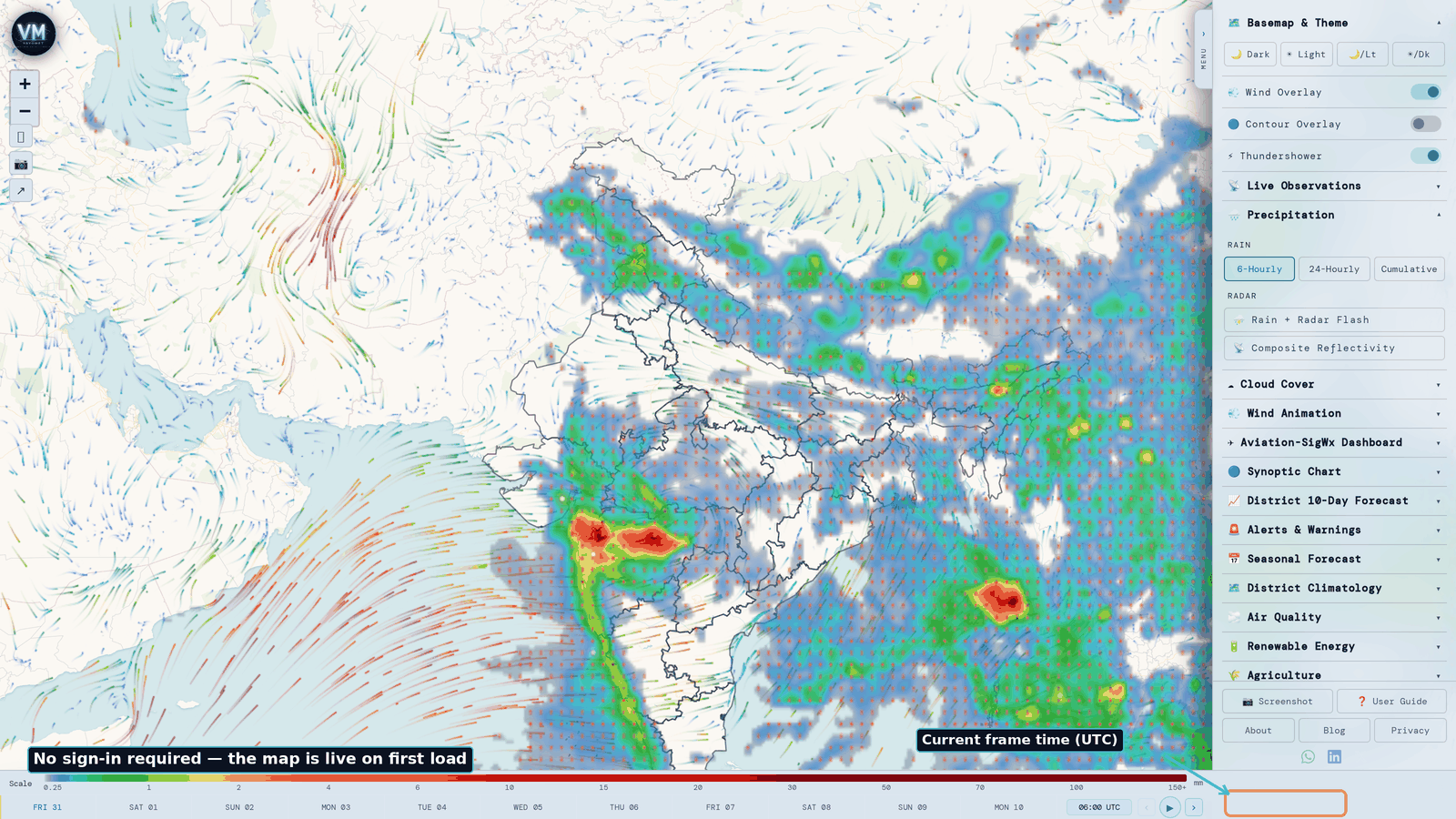 The VayuMet home page on first load, showing the forecast map of India with the control panel and timeline bar.