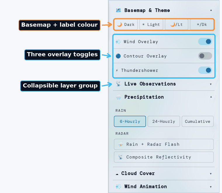 The VayuMet control panel showing the four basemap buttons above the overlay toggle group.