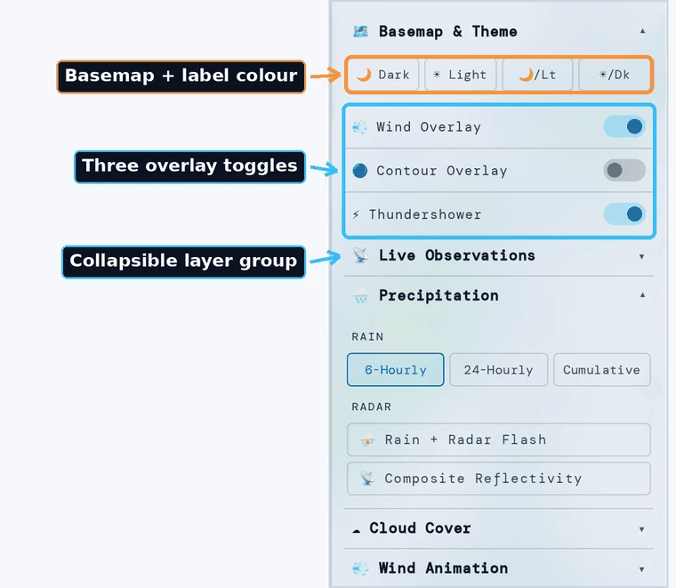 The VayuMet control panel showing the four basemap buttons above the overlay toggle group.