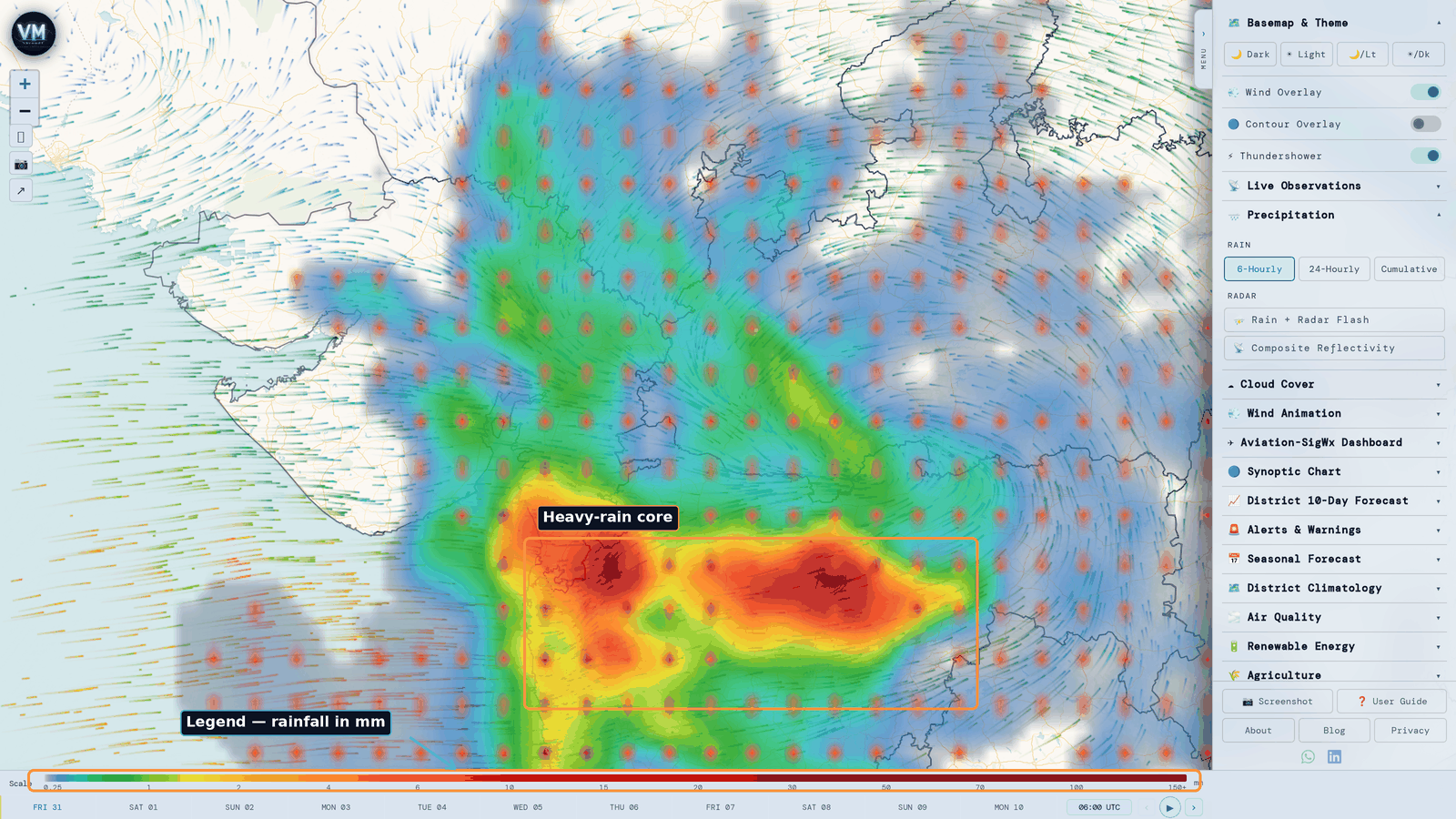 A rainfall forecast layer over India showing a heavy rain band along the west coast, with the millimetre colour legend on the timeline bar.