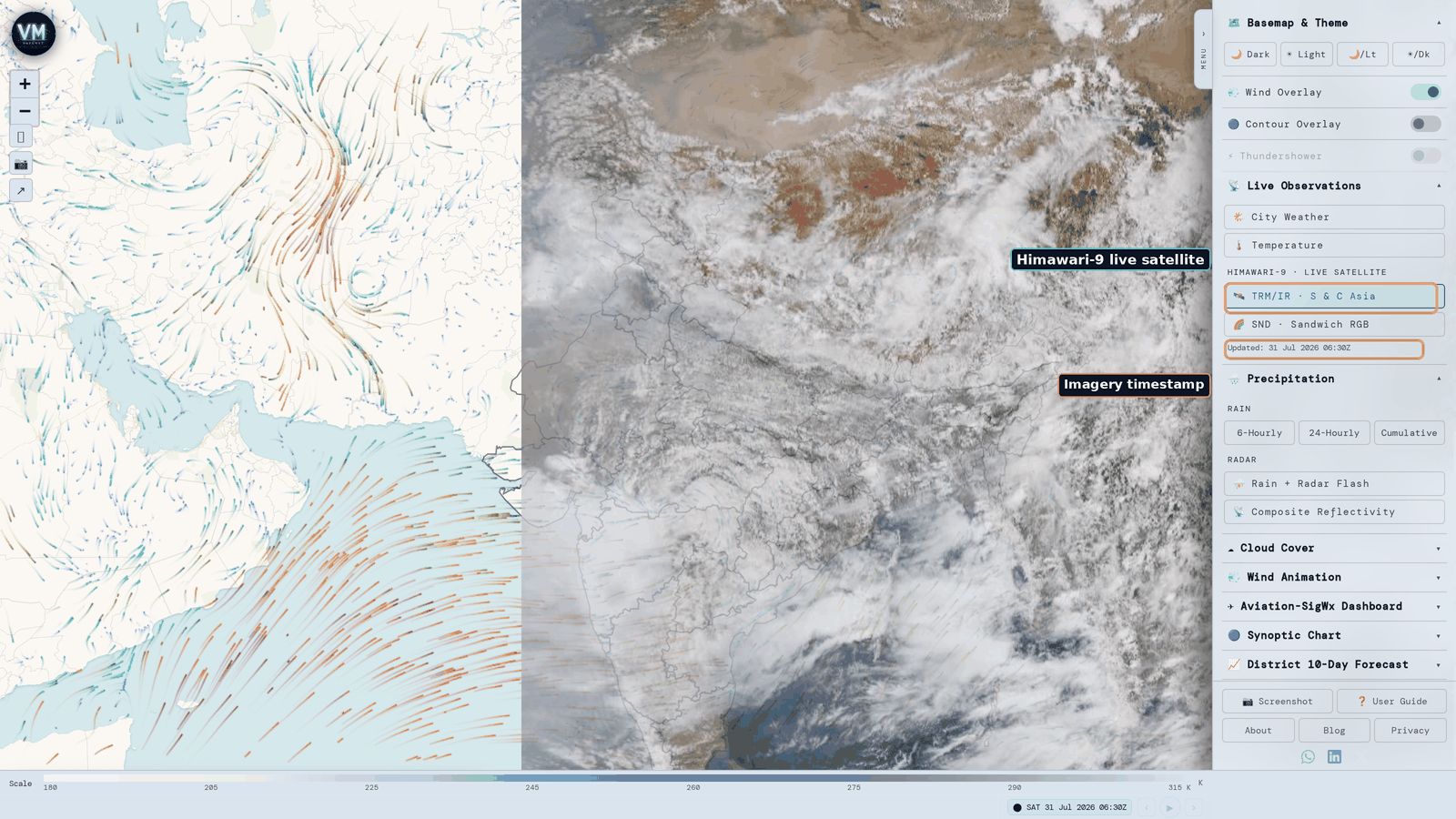 Himawari-9 infrared satellite imagery over India, with the active TRM/IR layer and its imagery timestamp highlighted in the control panel.